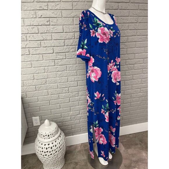 G.I.L.I Women Blue Floral Side Slit Maxi T-Shirt Dress Size L - Picture 4 of 10